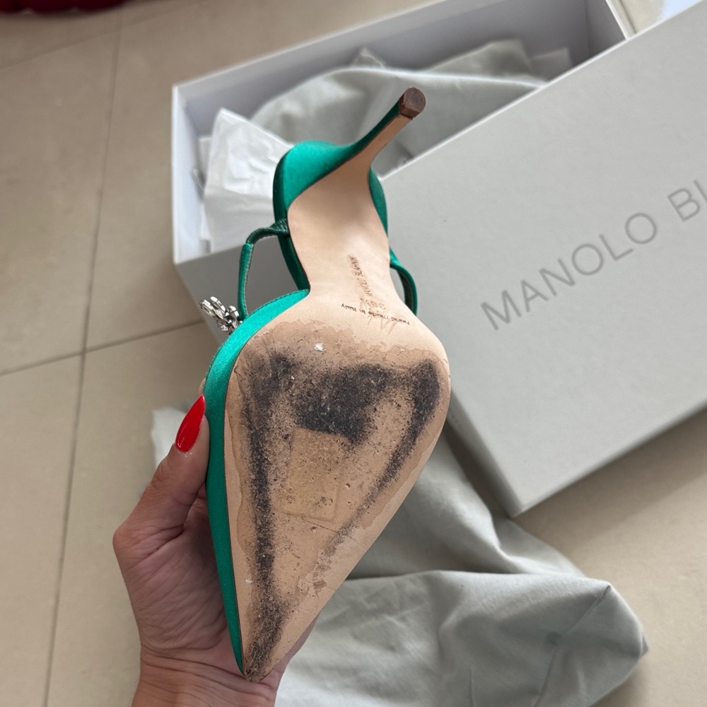 Manolo Blahnik Emerald Satin Heels with Crystal Accents - Picture 3 of 4